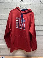 Front of red hoodie with Los Angeles Angels vertical logo and text.