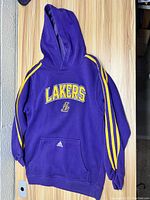 Front view of purple Lakers Adidas youth hoodie, shoulder and sleeve stripes visible, embroidered logo front and center, Adidas logo on pocket.