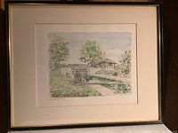 Full view of the framed watercolour painting showing detailed landscape scene and frame condition.