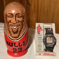 Photo of largest Michael Jordan Chicago Bulls nesting doll and original Wilson Michael Jordan Slam-Dunk watch in box