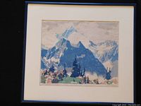 Framed original mountain landscape artwork with visible foxing on paper and some scuffs on frame.