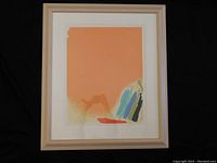 Full frontal view of framed silkscreen print showing abstract composition with large orange field and multicolor accents.