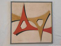 Front view of framed abstract oil painting showing geometric shapes