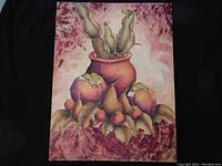 Full view of the acrylic painting showing the entire artwork with detailed still life imagery and textured background.