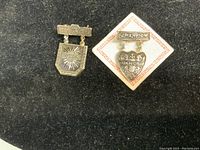 Front view of two costume jewelry brooches on black fabric. Left brooch says 'LOVE' and 'US AIR FORCE' with starburst design. Right brooch says 'CHAMPION' and 'DANGER' in shield shape with a red border on a square card.