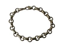 Full view of the silver chain link bracelet laid flat against a white background.
