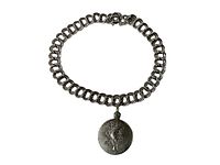 Overall view of the full length sterling silver chain link bracelet with round dove charm pendant attached.