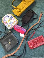 Photo showing all six bags and two belts arranged on a green carpet.