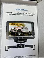 Box showing front of the LeeKooLuu 5 Inch Backup Camera & Monitor Kit, including a display image of a pickup truck and the 5 inch monitor with camera illustration.