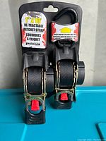 Packaging and strap showing 1 inch by 10 inch size, brand Erickson, and red press button on ratchet for strap release.