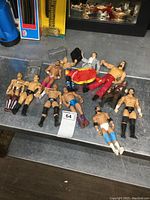 The full lot of 11 wrestling action figures and accessories arranged on a table, showing different poses and apparel colors.