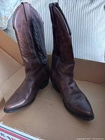 Pair of brown leather cowboy boots propped upright in a shoe box.