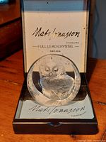 Full view of the crystal owlet on branded box showing Mats Jonasson signature and Full Lead Crystal Sweden text.