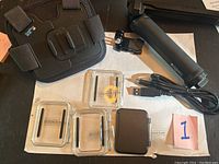 Display of all GoPro accessories laid out including chest mount harness, three waterproof cases, charging cable, handle grip, small mount accessory