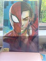 Spider Man movie 3D poster showing split half Spider Man mask and half Peter Parker face colorful artwork in lenticular 3D style, held upright with visible window background
