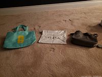 Photo showing all items included in the lot: grey Furla purse, white Furla dust bag, and turquoise Clinique tote bag on a beige carpet.