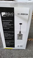 Box label showing Eglo pendant fixture information, model 202812A, with product details and image.