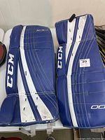 Front view of two blue CCM kids street hockey goalie pads with white stripes and logos.