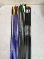 Top view of all 20 arrows laid flat showing shaft colors and fletching colors