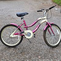 Side view of the pink and cream girls bike showing the 21 inch wheels, pink lower frame, cream upper frame with floral graphics, black saddle, and front hand brake.