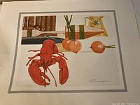 Print featuring a large red lobster, onions, and packaged goods, signed by David Cunningham.