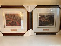 Two framed art prints side by side, each with protective corner pads on the frames. Labels with artist's names and titles visible under each print.