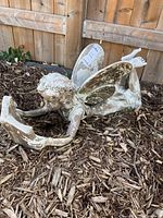 Front side view of the fairy garden statue lying on her stomach with detailed wings and book in hands.
