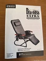 Instruction manual cover for Homedics Destress Ultra Inversion Massage Recliner showing product image and warranty info.