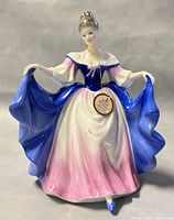 Front view of the vintage Royal Doulton figurine showing the woman holding her blue dress fabric outwards with a pink and white skirt and blue bodice.