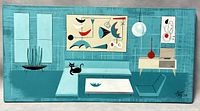 Full frontal view of abstract interior painting on wood board