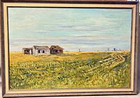 Full view of framed oil painting featuring rural landscape under cloudy sky with old buildings and grassy field.