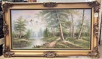 Full front view of the framed oil painting showing the full artwork and decorative gold frame.