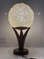 Front view of the lamp showing the textured Lucite globe shade atop a wood base with brass posts.