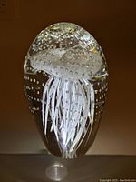 Clear glass oval paperweight with white jellyfish design and bubbles inside, shown standing with light reflection beneath.