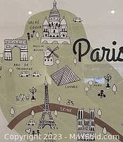 Close up of Paris landmark illustrations on the print.