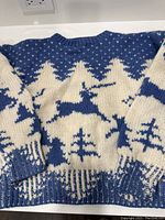 Front and sleeves of the blue and off white hand knit sweater showing reindeer and pine tree patterns