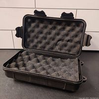 Open black protective case showing convoluted foam padding inside.
