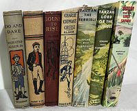 Full view of all seven books including titles and spine illustrations for the Horatio Alger Jr. and Edgar Rice Burroughs books.