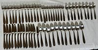 Overview of the full flatware set laid out in rows showing forks, knives, and spoons.