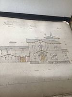 North elevation of villa showing main entrance detail, window and chimney placement