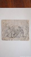 Engraving showing classical scene with multiple figures, some damage to paper