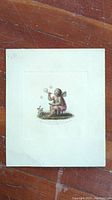 Color engraving showing a child sitting on grass blowing bubbles, partially torn corner, slight discoloration.