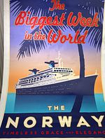 Close-up of upper poster showing the cruise ship, palm trees, and text "The Biggest Week in the World"