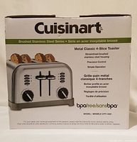 Boxed Cuisinart Metal Classic 4-Slice Toaster with specifications on front side of box.