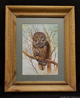 Full view of the framed watercolour painting showing the owl on a branch with background trees, matted and behind glass in rustic wood frame.