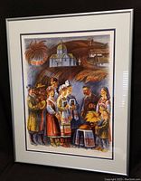 Full framed artwork showing entire wedding scene in metal frame with double matting and glass.