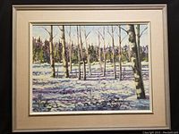 Full view of framed oil painting depicting winter landscape with birch trees