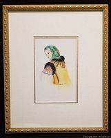 Full view of the framed painting showing the woman in Hutzul dress, double matted with a gold-toned decorative frame and glass covering.