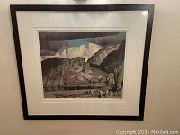Framed entire artwork showing landscape scene in black frame