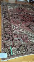 Overhead view of full rug laid on wooden floor showing border and central field